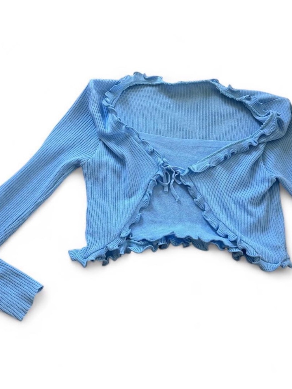 Ribbed Ruffle-Trim Tie-Front Cardigan with attached top in blue